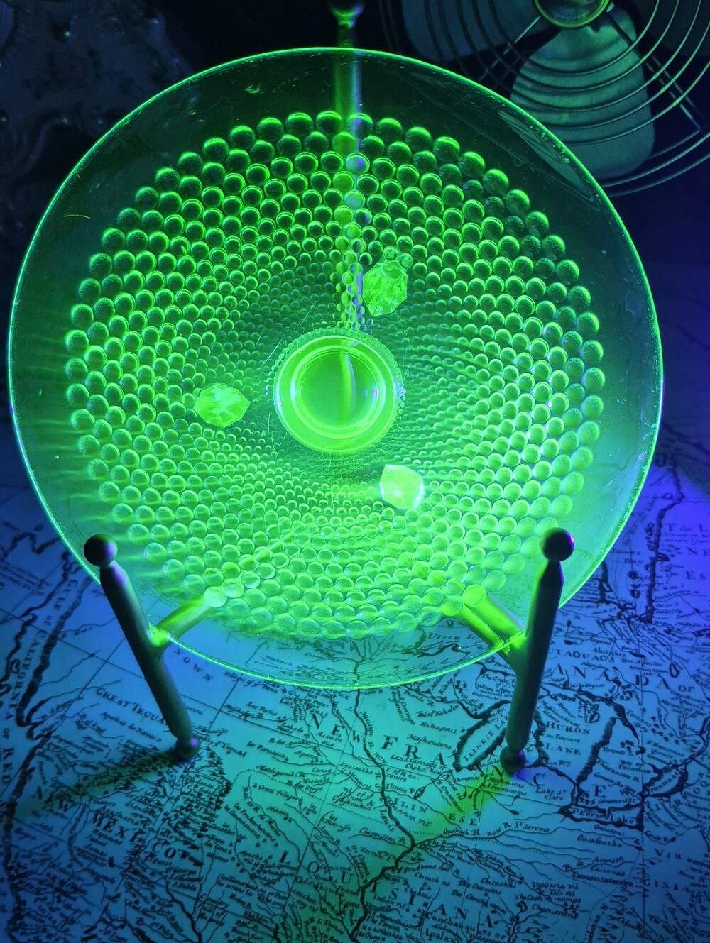Vintage Uranium Glass Plate Brass Stand Green Rhinestones UV Glow 8” Display